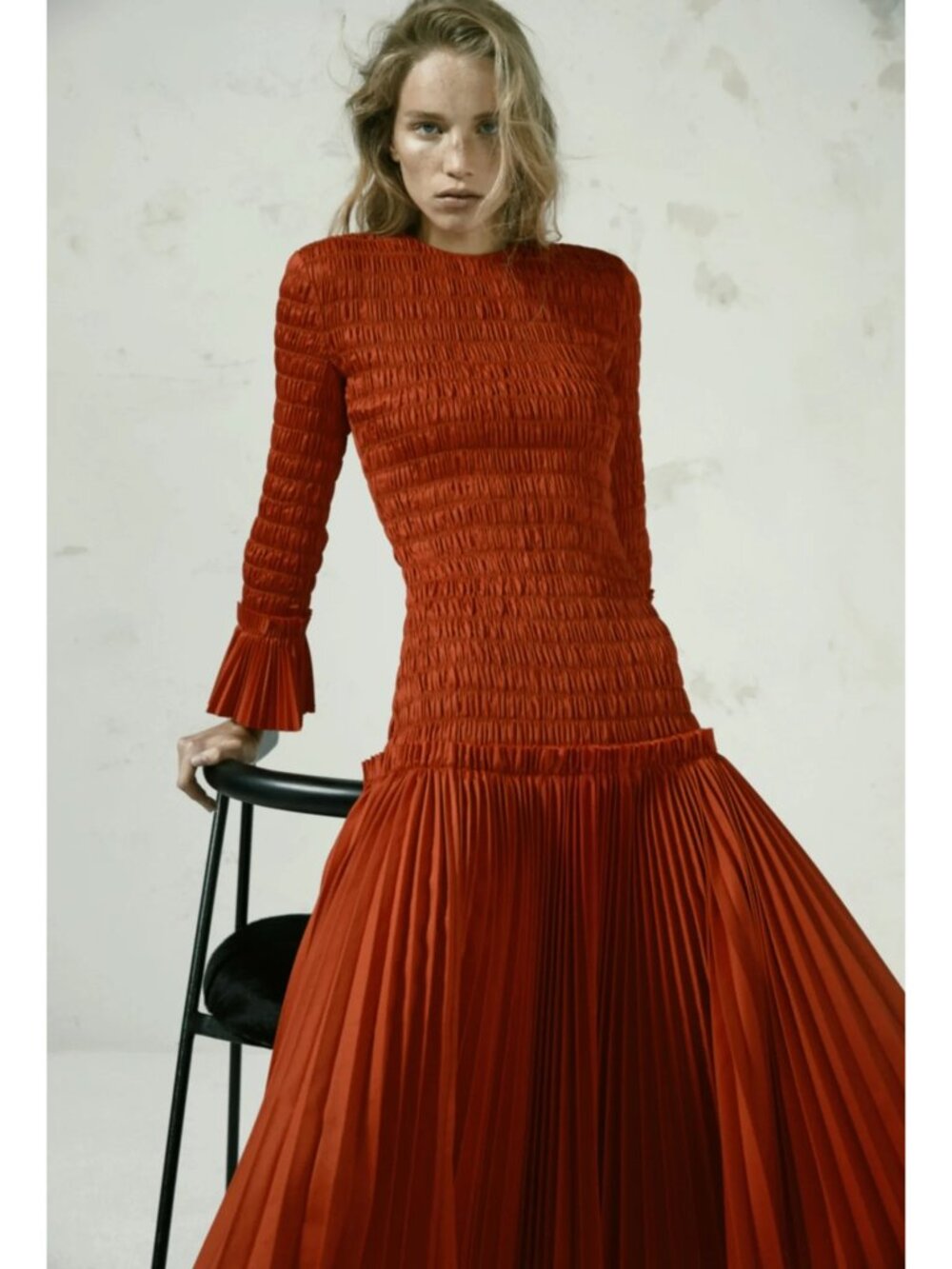 Khaite Size M Pleated Mariella Dress Smocked Drop Waist Midi Ruffle Currant Red